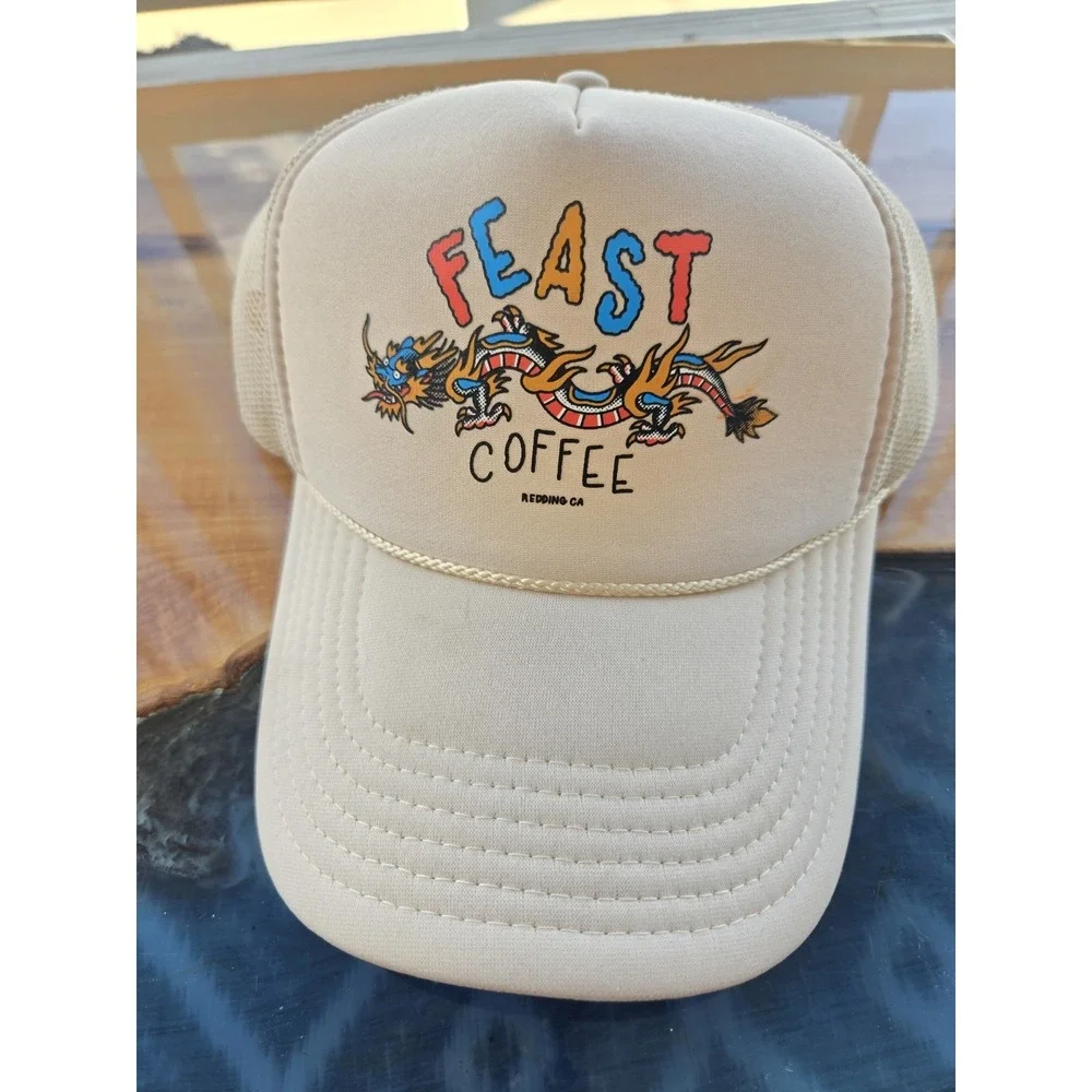 Feast Coffee‎ Redding CA Dragon Trucker Hat Beige Mesh Snapback OTTO Cap